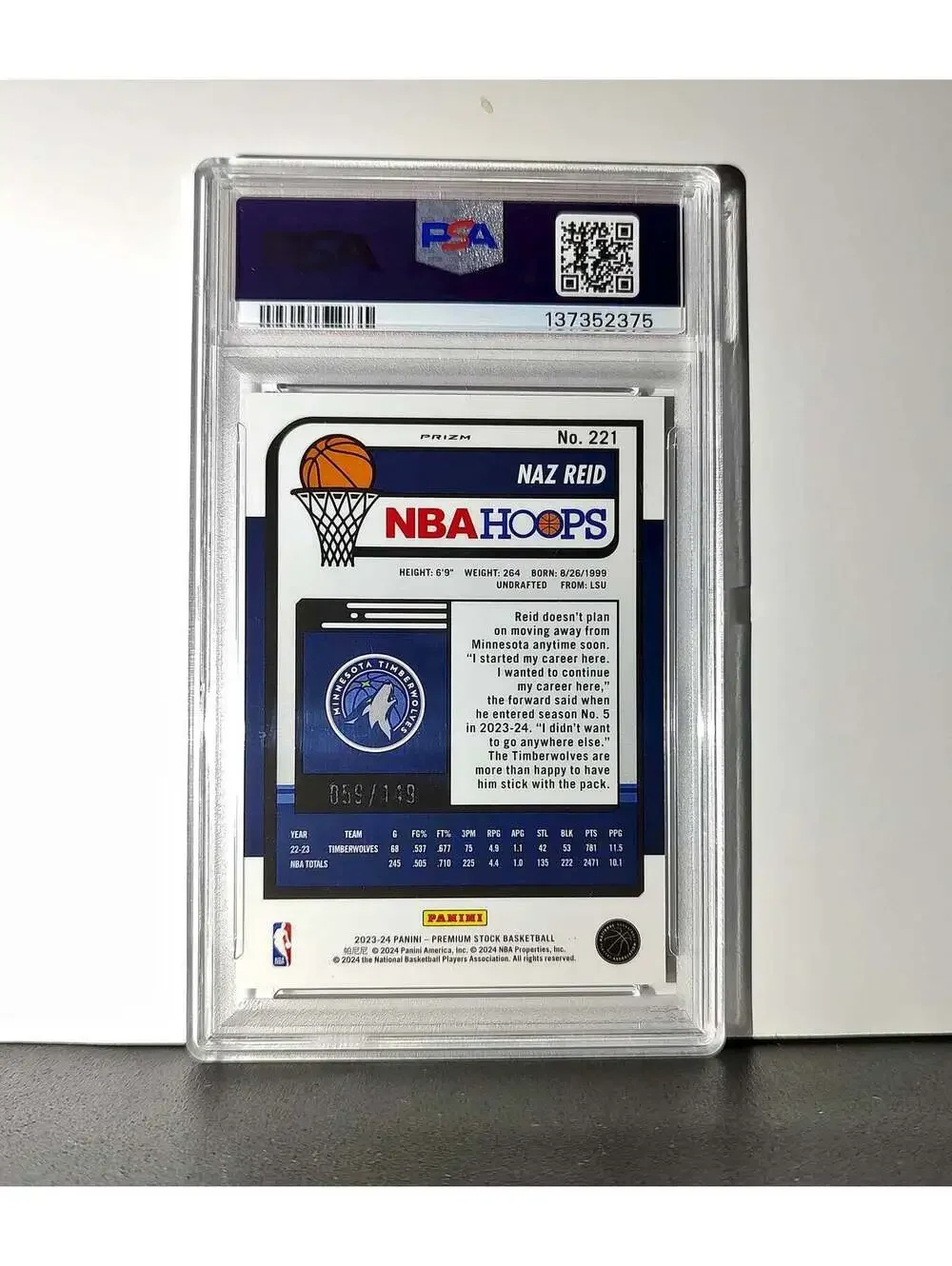 Naz Reid 2023 Panini Hoops Premium #221 59/149 Red Disco Prizm PSA 10 Gem Mint